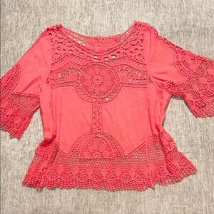 Women's Large XL Coral Crochet top embroidered crinkle so cute! Democracy?